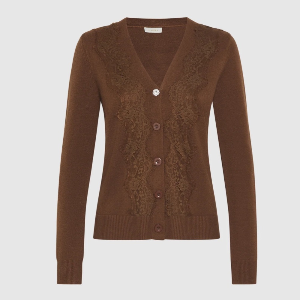 Laura Knitted Cardigan Sweater Lace Detail Coffee Brown - Picture 2 of 12